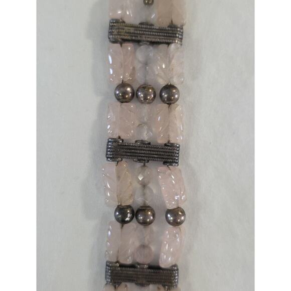 Rare Vintage Bracelet Sterling Silver 925 And Carved Rose Quartz Layered Beads - Picture 4 of 16